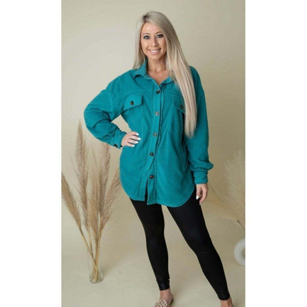 Zenana All About the Fleece Button-Down Shacket in Light Teal S-L QJ-4003D4 - Picture 3 of 10